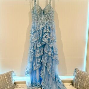 Light Blue Lace Layered Prom Dress with entricate detailing.